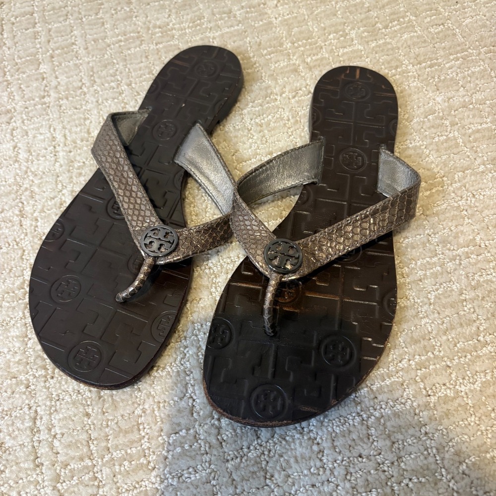 Tory Burch Metallic Bronze Logo Thong Sandals